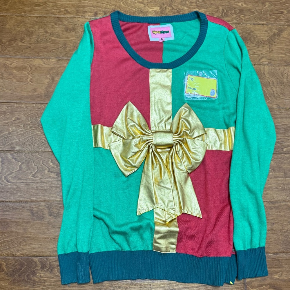 Like New Size Large Tipsy Elves Festive Gift Sweater with Gold Bow